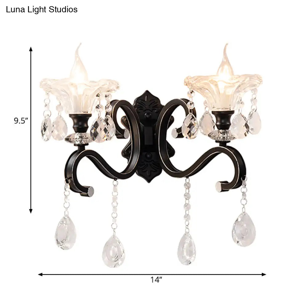 Modern Scalloped Crystal Wall Lamp With Curved Arm In Black