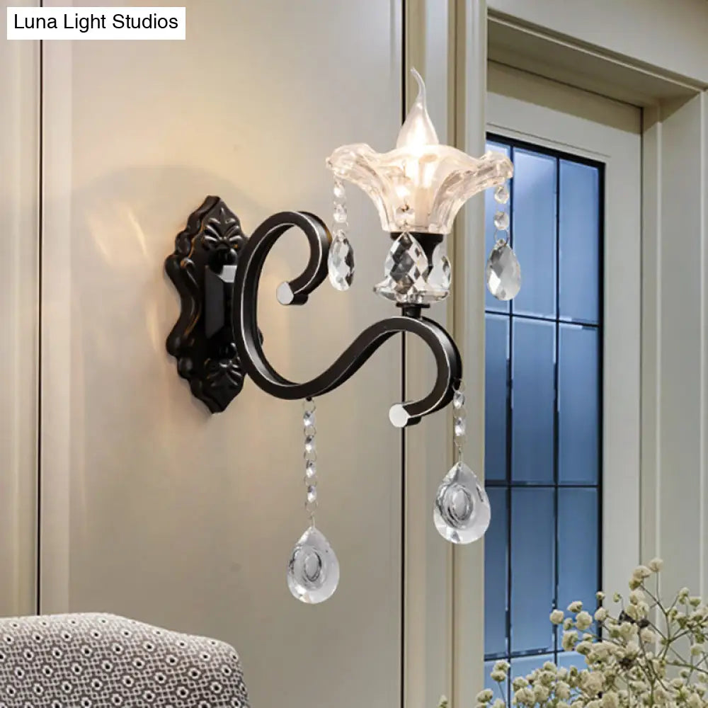 Modern Scalloped Crystal Wall Lamp With Curved Arm In Black