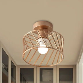 Modern Semi-Flush Gold Drum Cage Light Fixture For Corridor