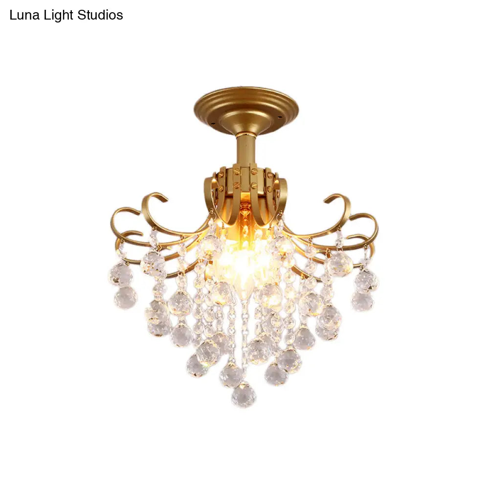Modern Semi-Flush Mount Ceiling Light With Curve Arm And Faceted Crystal Balls In Gold/Black