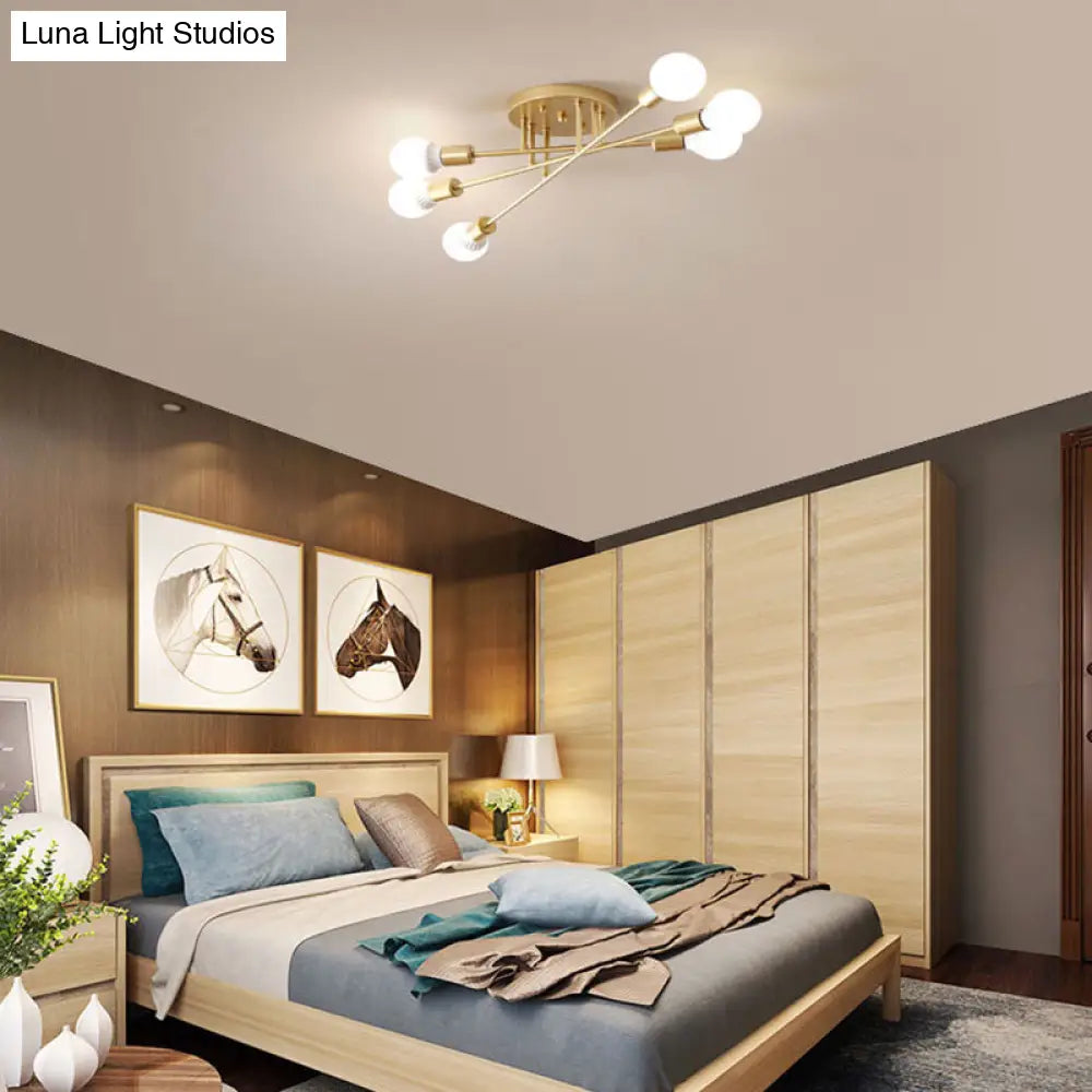 Modern Semi Flush Mount Gold/Black Ceiling Light Fixture - 6/8/10 Lights Exposed Bulb Design For