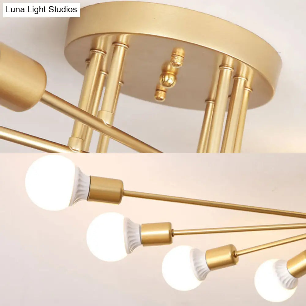 Modern Semi Flush Mount Gold/Black Ceiling Light Fixture - 6/8/10 Lights Exposed Bulb Design For