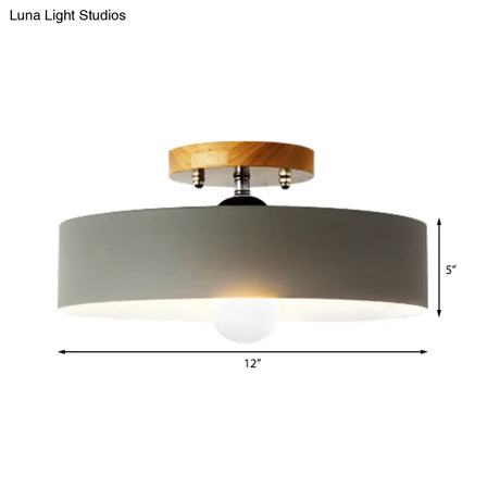 Modern Semi-Mount Drum Light: 1-Light 12’ W Metal Fixture In Gray/White/Red/Pink For Living Room