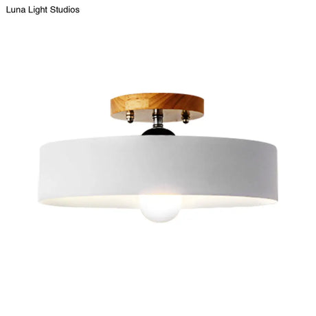Modern Semi-Mount Drum Light: 1-Light 12’ W Metal Fixture In Gray/White/Red/Pink For Living Room