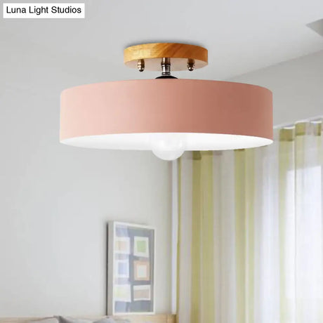 Modern Semi-Mount Drum Light: 1-Light 12’ W Metal Fixture In Gray/White/Red/Pink For Living Room
