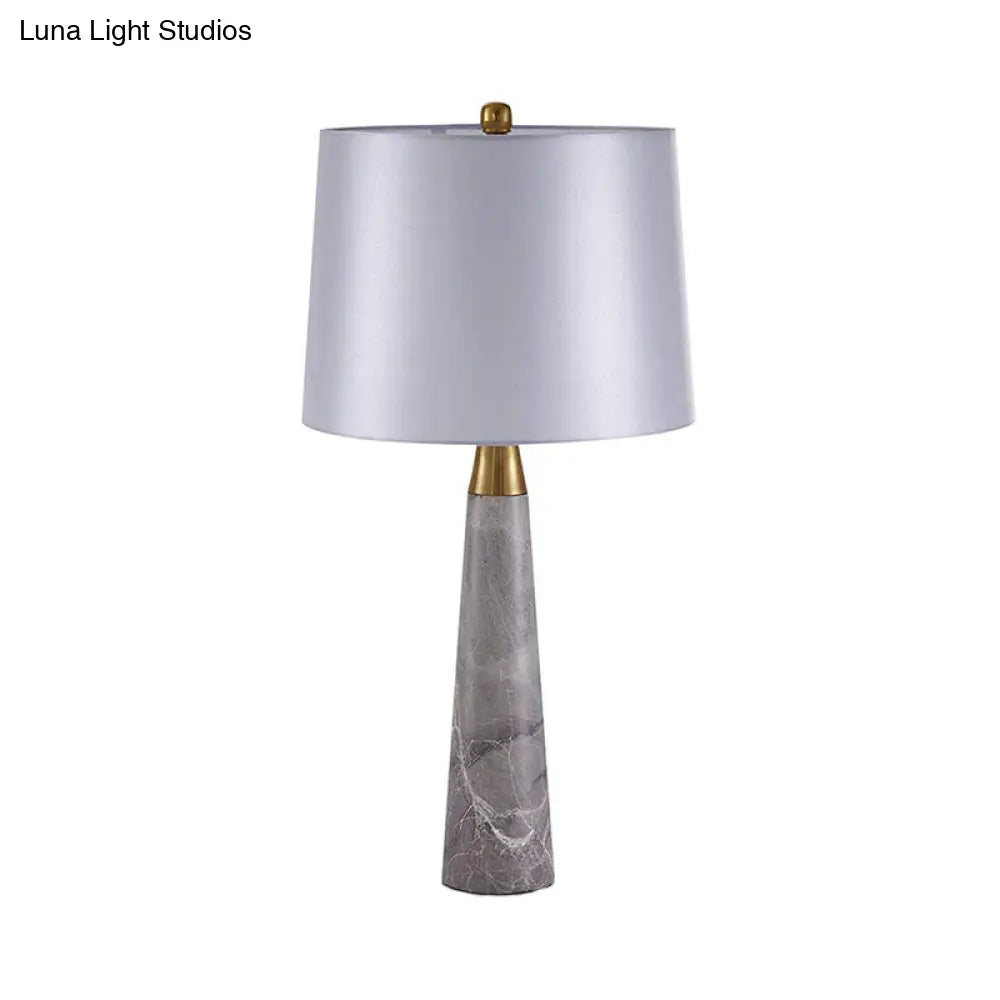 Modern Shaded Nightstand Lamp - 1 Head White Fabric Task Lighting With Grey Cone Marble Base