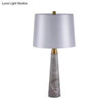 Modern Shaded Nightstand Lamp - 1 Head White Fabric Task Lighting With Grey Cone Marble Base