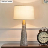 Modern Shaded Nightstand Lamp - 1 Head White Fabric Task Lighting With Grey Cone Marble Base