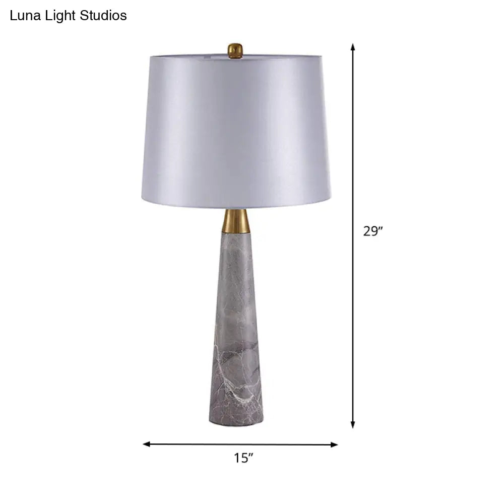 Modern Shaded Nightstand Lamp - 1 Head White Fabric Task Lighting With Grey Cone Marble Base