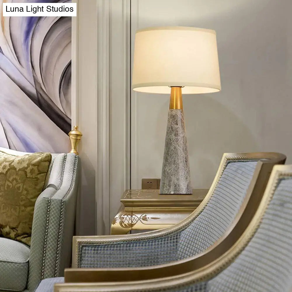 Modern Shaded Nightstand Lamp - 1 Head White Fabric Task Lighting With Grey Cone Marble Base