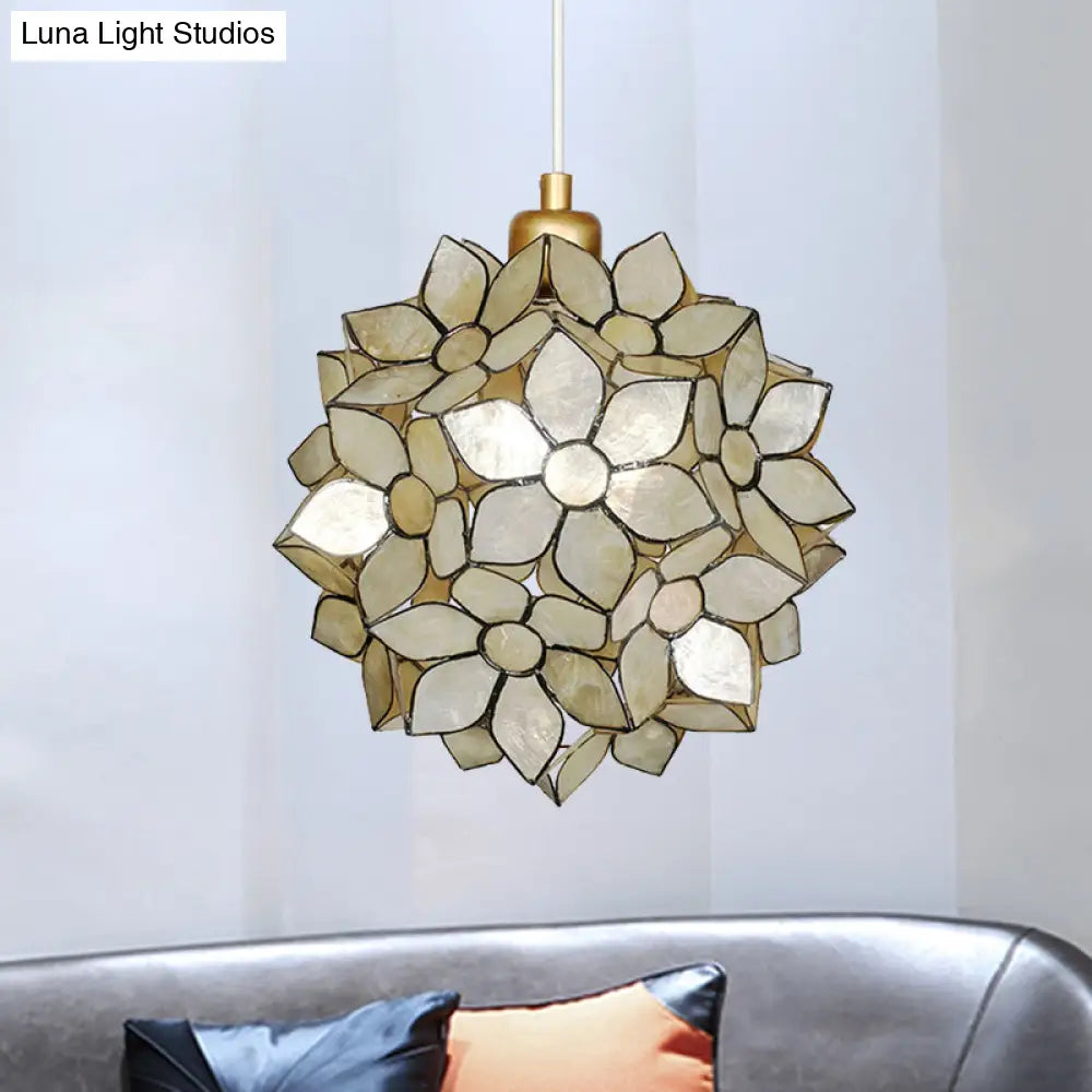Modern Shell Globe Pendant: Elegant 1-Light Hanging Ceiling Fixture In White/Beige