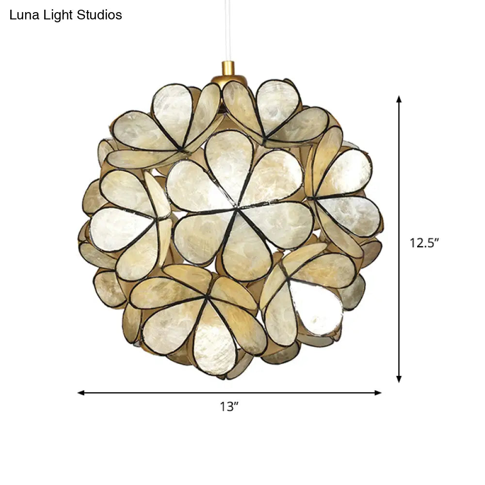 Modern Shell Globe Pendant: Elegant 1-Light Hanging Ceiling Fixture In White/Beige