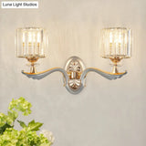 Modern Silver Cylinder Sconce With Clear Crystal Shade - Flush Mount Wall Light