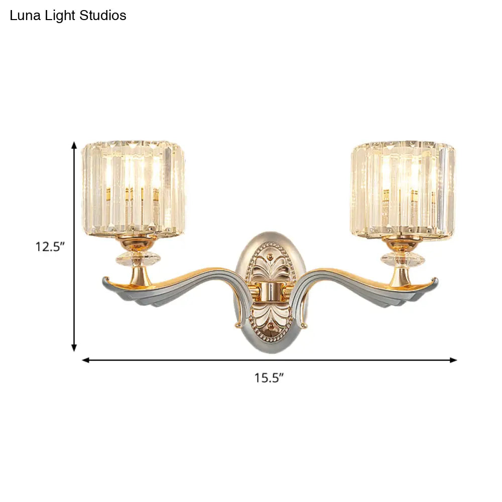 Modern Silver Cylinder Sconce With Clear Crystal Shade - Flush Mount Wall Light