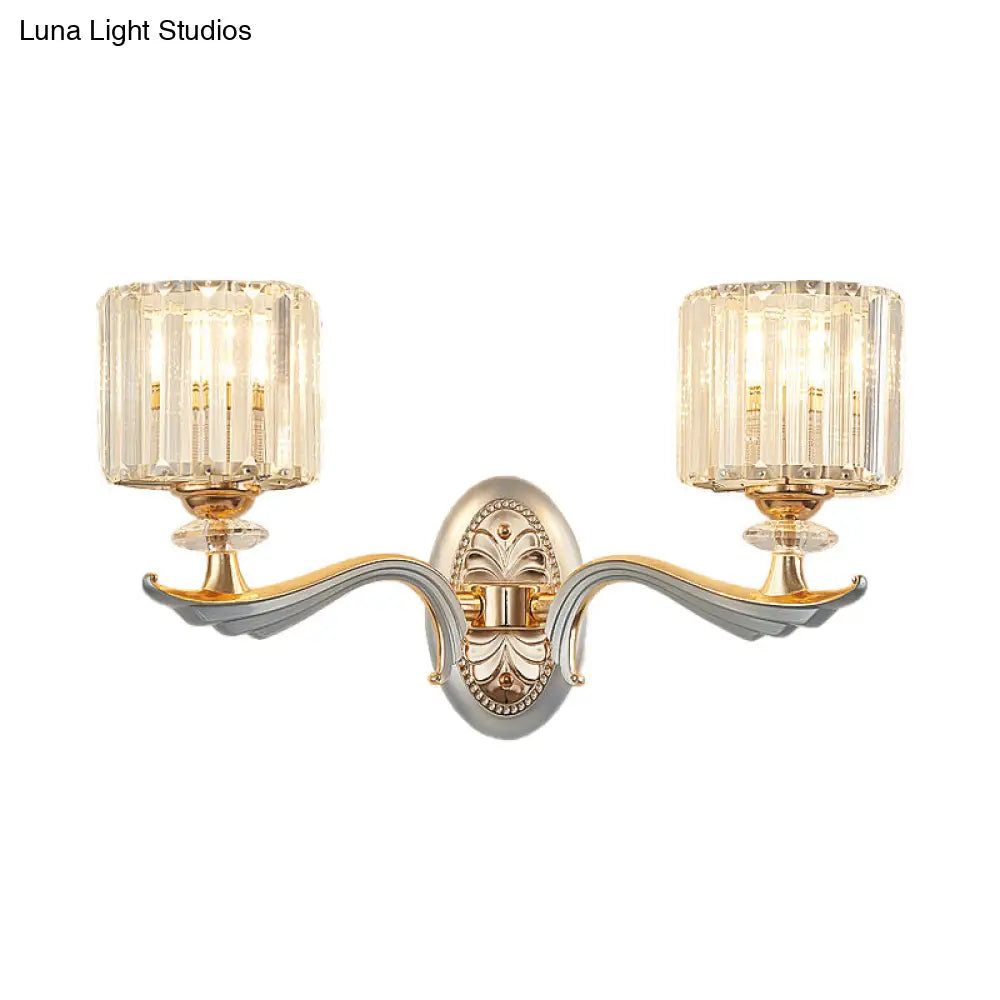 Modern Silver Cylinder Sconce With Clear Crystal Shade - Flush Mount Wall Light