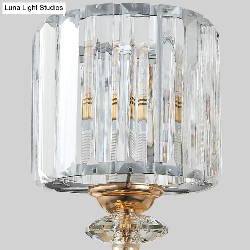Modern Silver Cylinder Sconce With Clear Crystal Shade - Flush Mount Wall Light