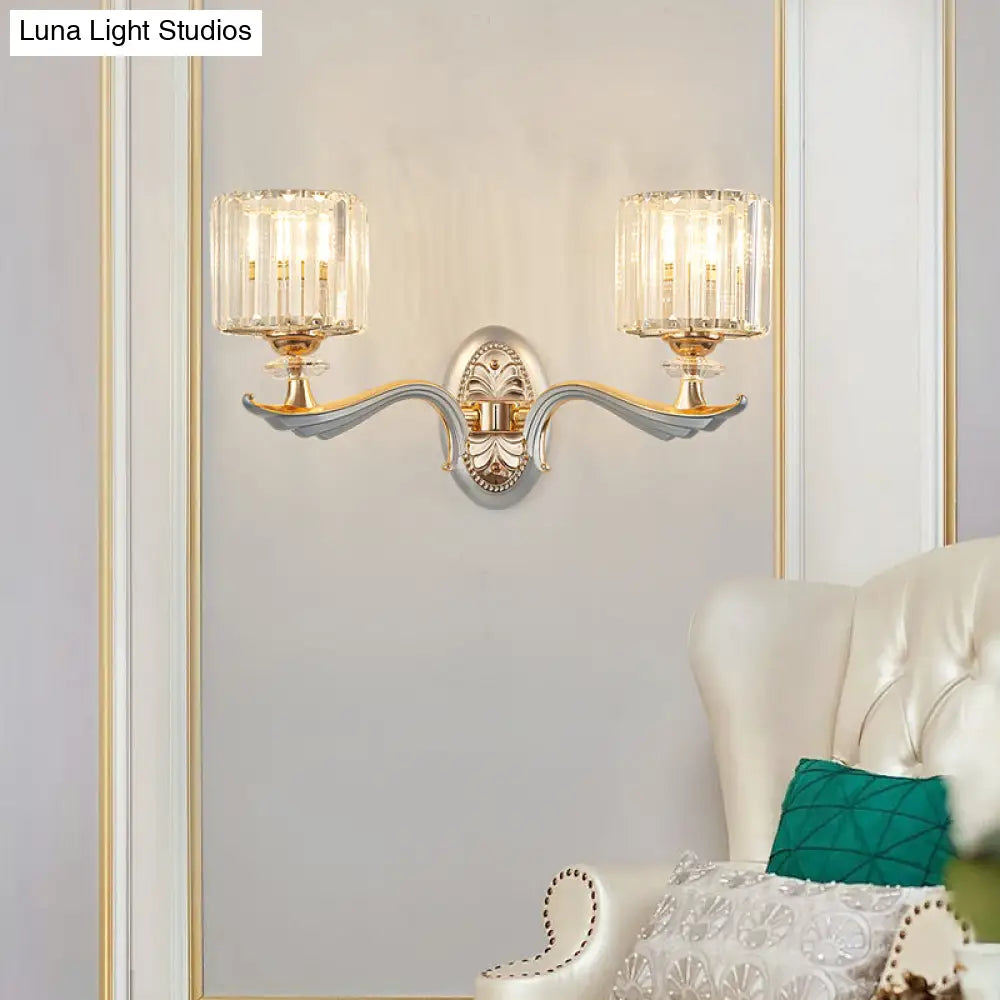 Modern Silver Cylinder Sconce With Clear Crystal Shade - Flush Mount Wall Light