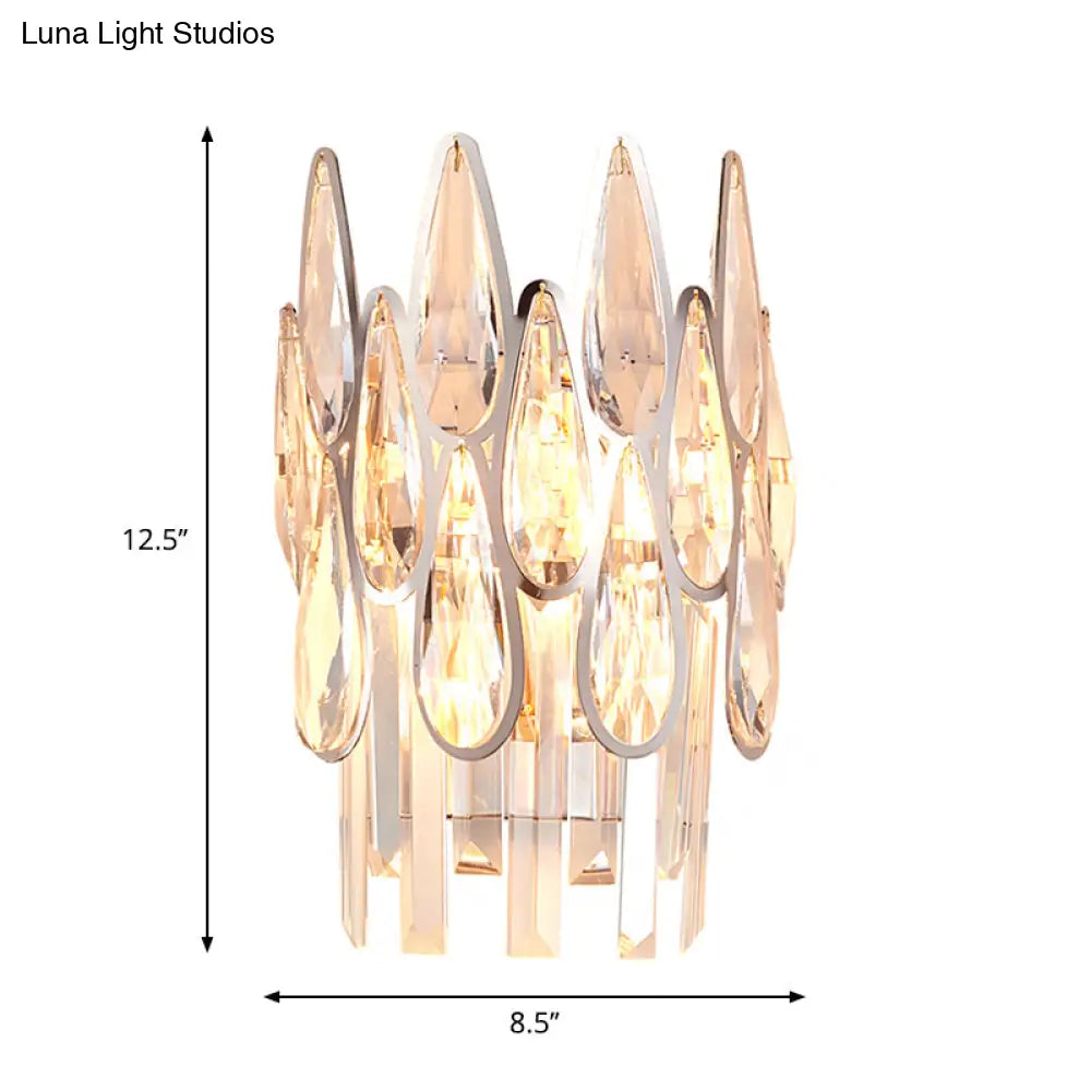 Modern Silver Double-Layered Wall Sconce With Clear Crystal Accents - 2 Lights