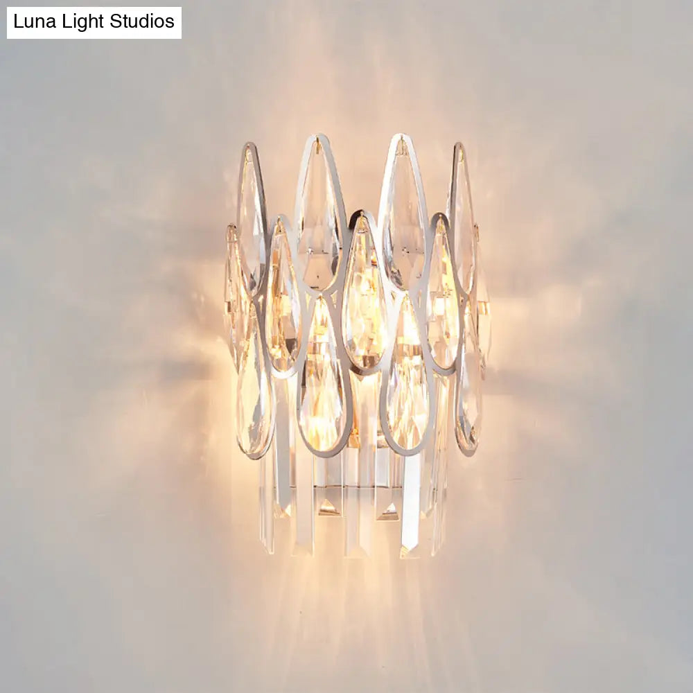 Modern Silver Double-Layered Wall Sconce With Clear Crystal Accents - 2 Lights