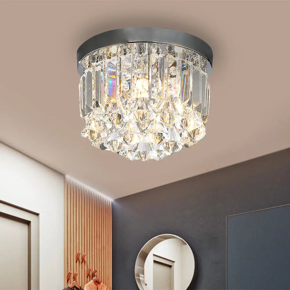 Modern Silver Drum Flush Mount Crystal Prism Corridor Lighting Fixture 10’/14’ Wide / 10’