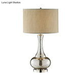 Modern Silver Glass Nightstand Lamp With Beige Fabric Shade