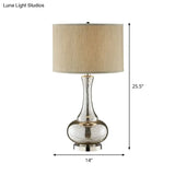 Modern Silver Glass Nightstand Lamp With Beige Fabric Shade