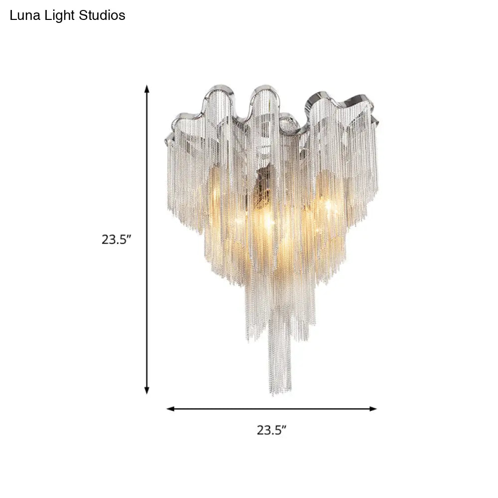 Modern Silver Metal Chain Draped Flush Mount Ceiling Light Fixture For Living Room With 6 Lights