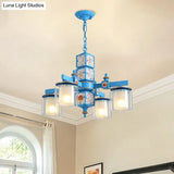 Modern Sky Blue Dual Cylinder Chandelier With Nordic Design - 4 Bulbs Clear And Opal Glass Down