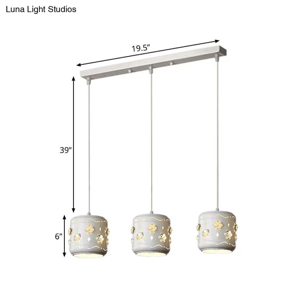 Modern Small Drum Crystal Pendant With 3 White Bulbs - Flower Cluster Ceiling Light