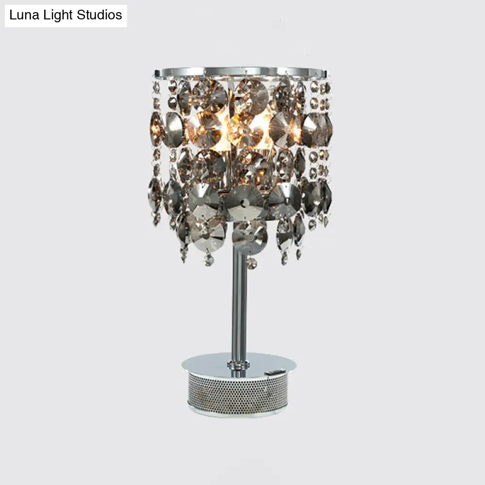 Modern Smoke Gray Crystal Cylindrical Table Lamp - 2 Heads Living Room Nightstand Light