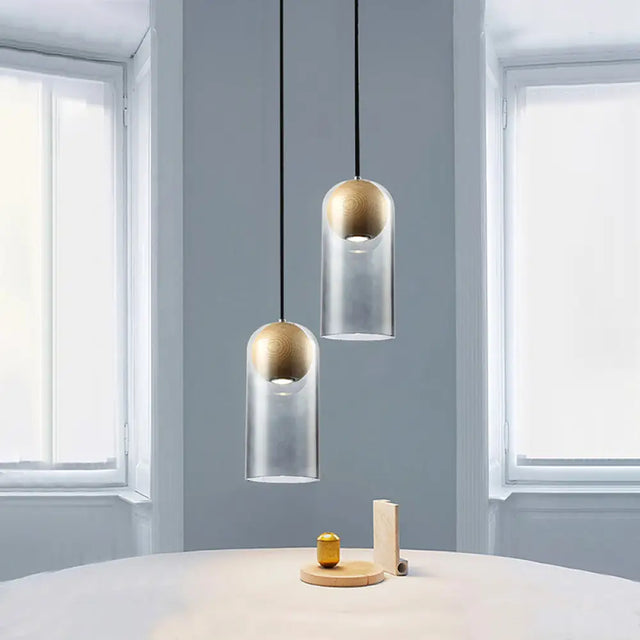 Modern Smoke Gray Glass Cylinder Pendant Light Fixture With Wood Globe Shade - Ideal For Dining Room