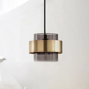 Modern Smoke Gray Glass Pendant Light With Gold Accent - Cylinder Design