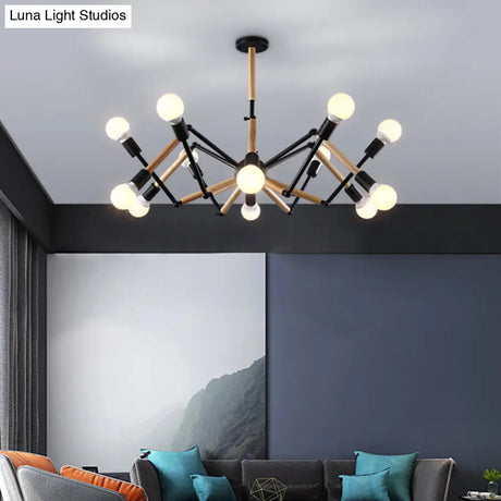 Modern Spider Chandelier With Black And Wood Accents For Loft Style Living Rooms