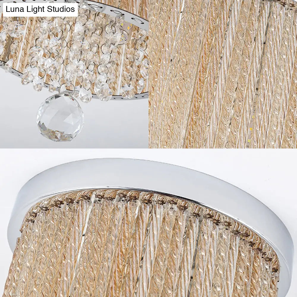 Modern Spiral Glass Rod Ceiling Light 2-Light Flush Mount Chrome With Crystal Drop 7’/10’ Wide