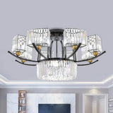 Modern Sputnik Crystal Block Flush Light Fixture - 9/12 Head Semi Mount In Black 12 /
