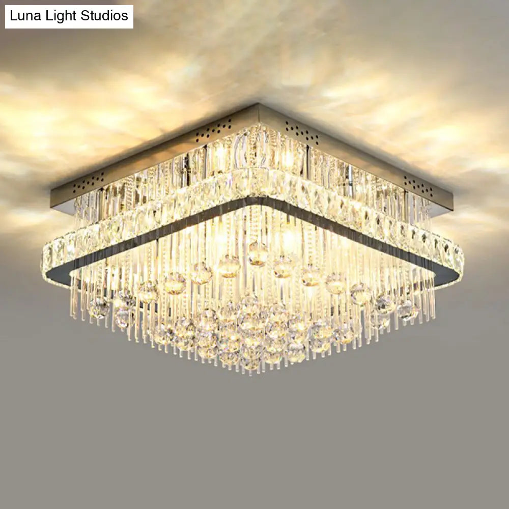 Modern Square Crystal Block Ceiling Light With 8 Heads - Nickel Flush Mount Lamp
