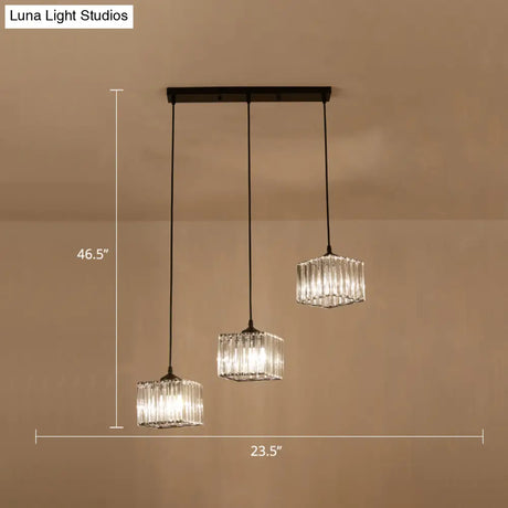 Modern Square Crystal Pendant Light With 3-Bulb Simplicity For Dining Room Ceiling - Black