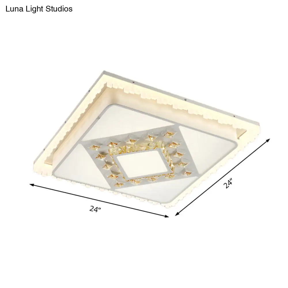 Modern Square/Rectangle Flush Crystal Led Ceiling Light In White For Living Room