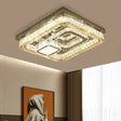 Modern Square Stainless-Steel Led Ceiling Light With Clear Cut Crystal Blocks For Bedroom