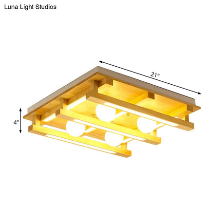 Modern Square Wood Flush Mount Lamp With Led Lights - Brown Ceiling Light Fixture White Glass Ball