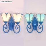 Modern Stained Glass Cone Sconce Lighting - Blue Finish 2 Lights Wall Fixture