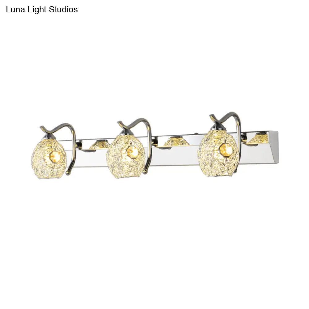 Modern Stainless Steel Domed Wall Light With 3 Heads Silver Vanity Lamp And Clear Crystal Accent