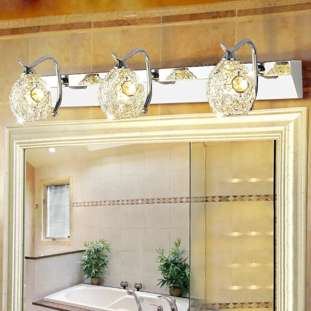 Modern Stainless Steel Domed Wall Light With 3 Heads Silver Vanity Lamp And Clear Crystal Accent