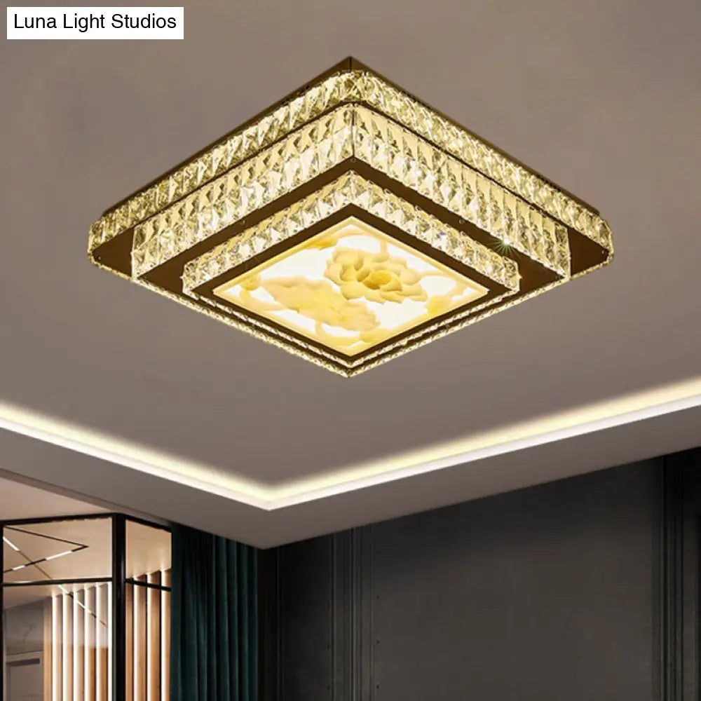 Modern Stainless - Steel Flush Mount Bedroom Led Ceiling Light With Clear Rectangular - Cut Crystals