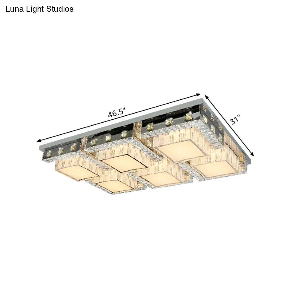 Modern Stainless-Steel Led Ceiling Light With Crystal Blocks - Rectangle/Square Shape White Cubic