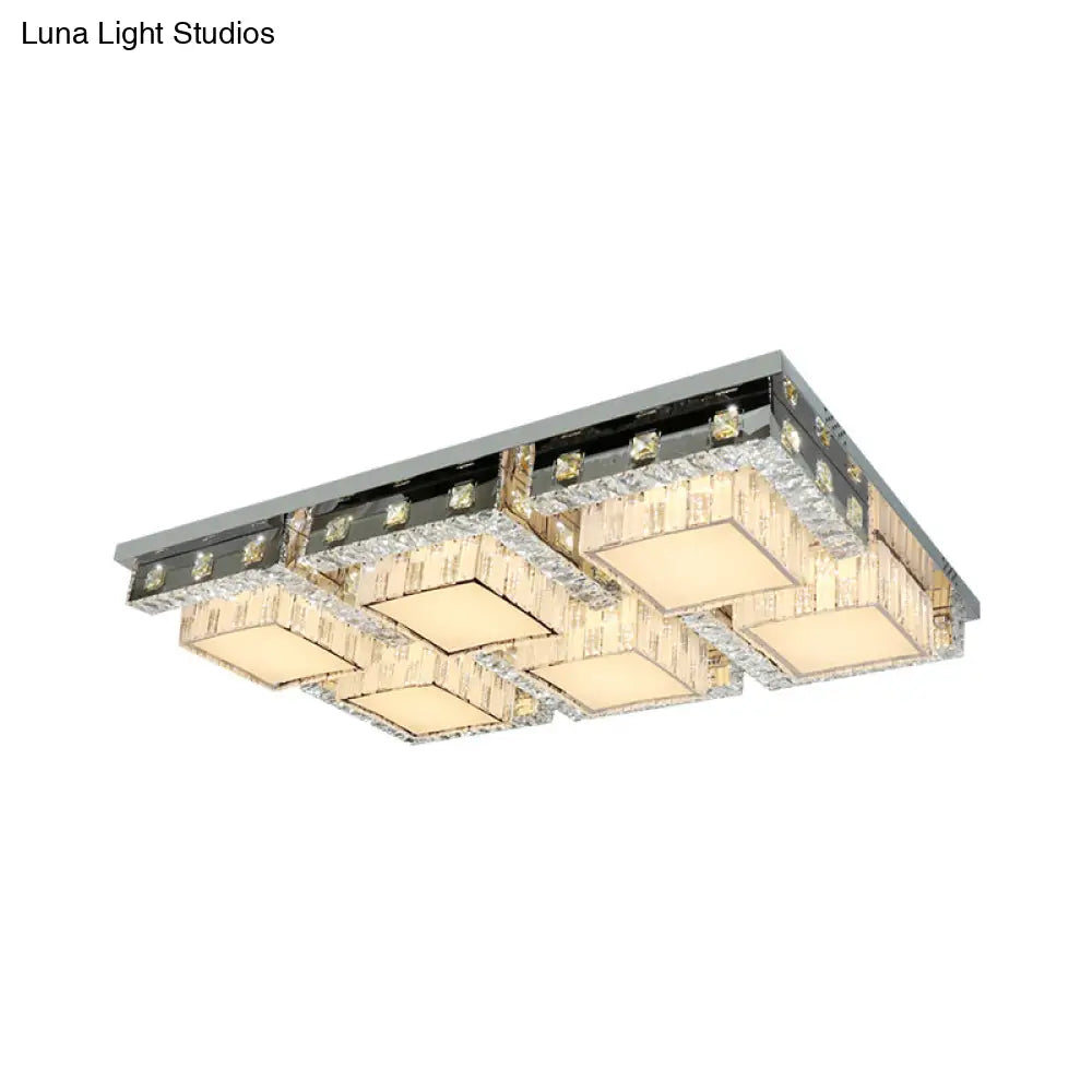 Modern Stainless-Steel Led Ceiling Light With Crystal Blocks - Rectangle/Square Shape White Cubic