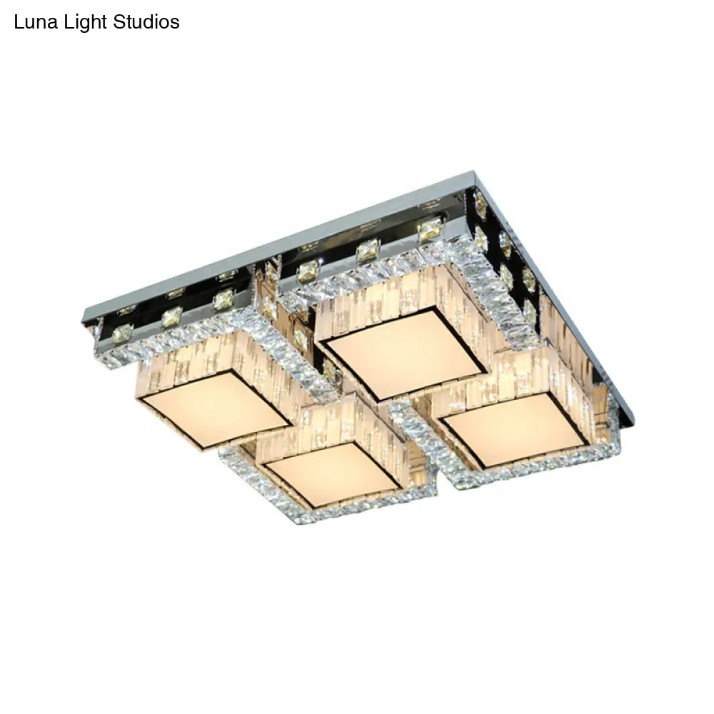 Modern Stainless-Steel Led Ceiling Light With Crystal Blocks - Rectangle/Square Shape White Cubic
