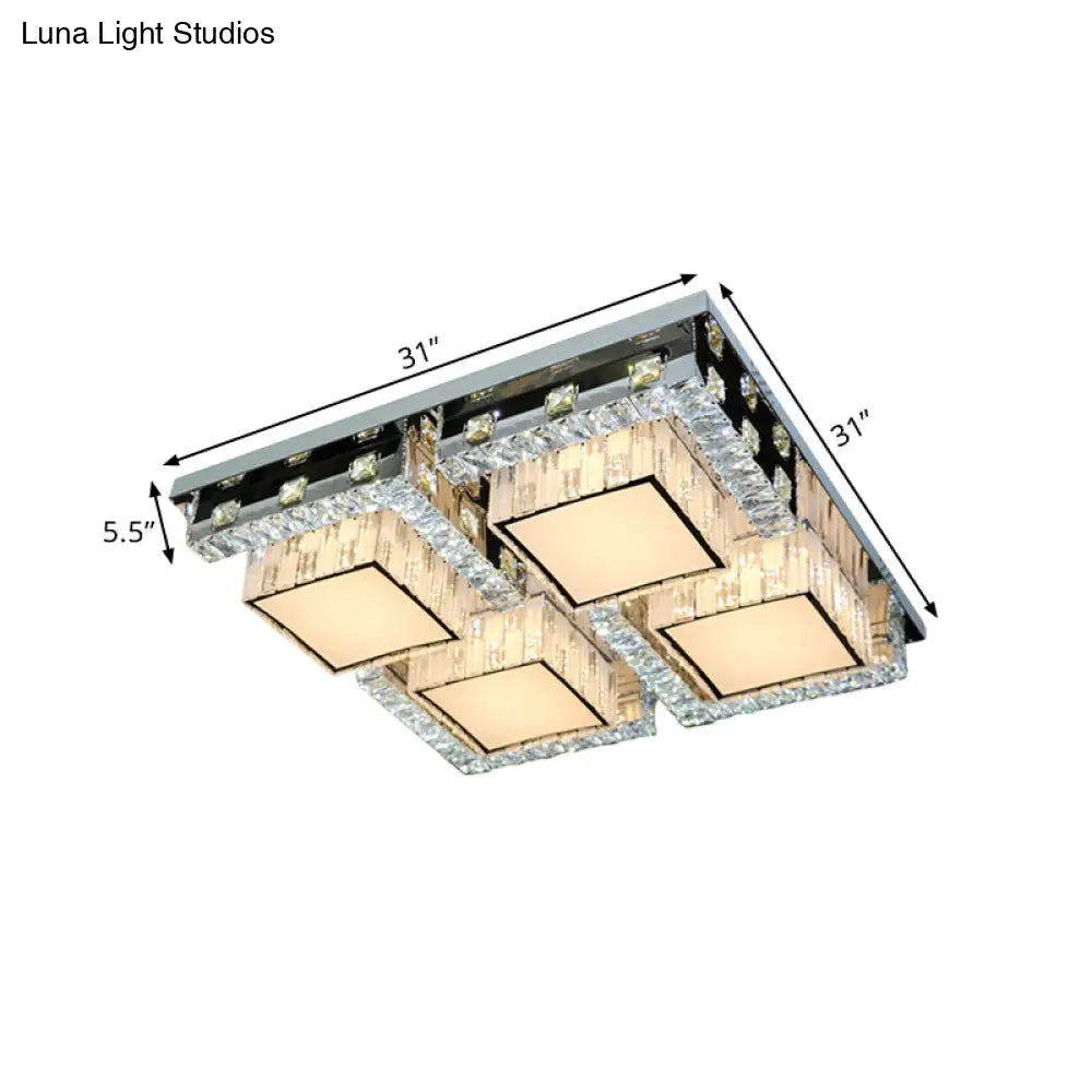 Modern Stainless-Steel Led Ceiling Light With Crystal Blocks - Rectangle/Square Shape White Cubic