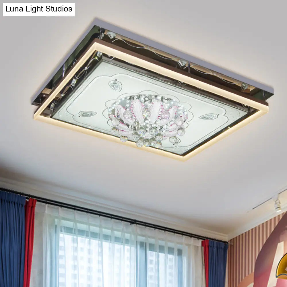 Modern Stainless-Steel Rectangular Ceiling Lamp With Clear Crystal Draping And Led Flush Mount For