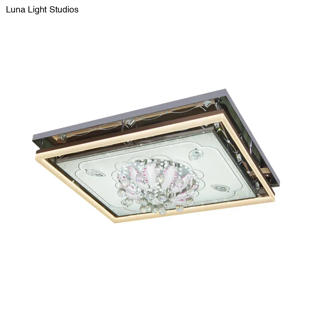 Modern Stainless-Steel Rectangular Ceiling Lamp With Clear Crystal Draping And Led Flush Mount For